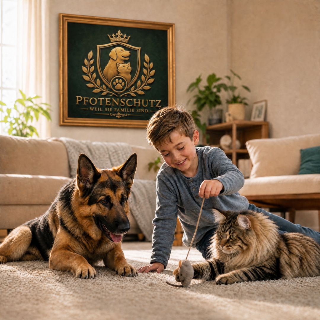 Kind spielt mit Schäferhund und Katze im Wohnzimmer