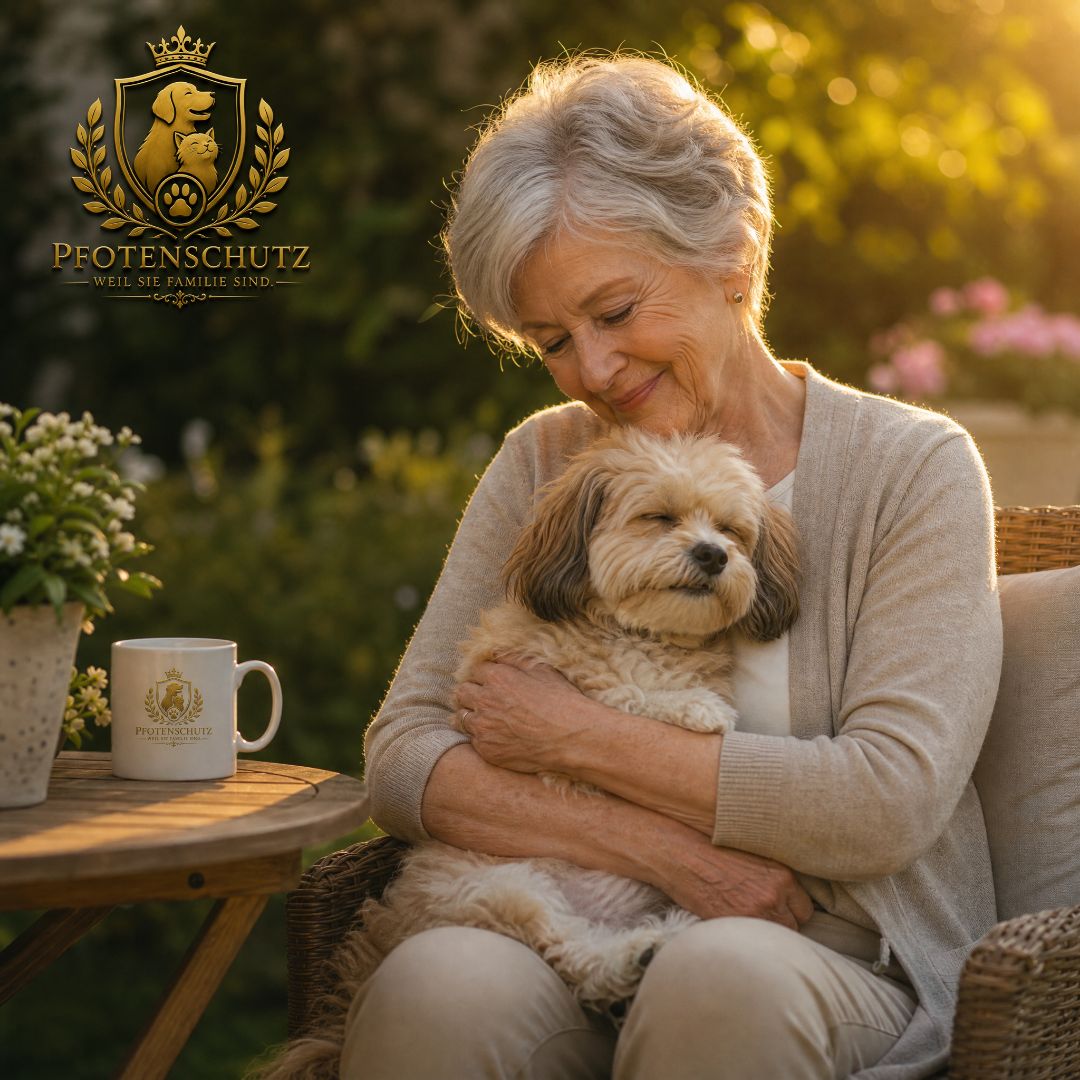 Seniorin mit Hund im Garten beim Kaffeetrinken